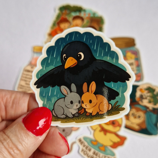 Sticker med kråkmamma som skyddar kaninungar. Föräldraskap.