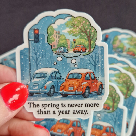 Sticker med bilar som drömmer om våren. Söt vinylsticker.